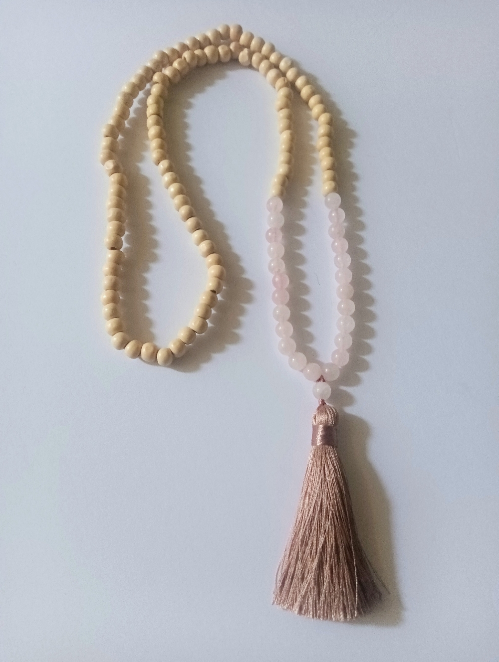 Knotted Meditation Mala Necklace 108 Wood & Pink Beads Pink Silk Tassel NWT